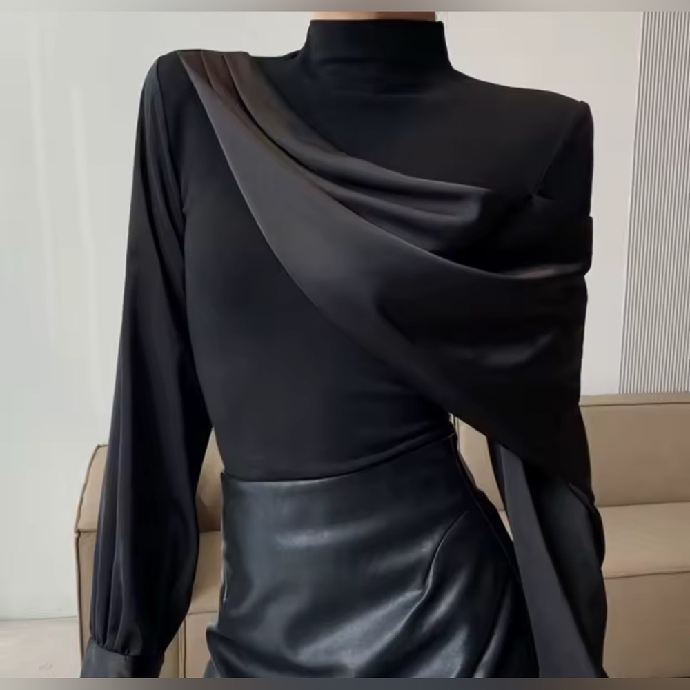 French Drape Elegant Black Satin Blouse - Picture 2 of 2